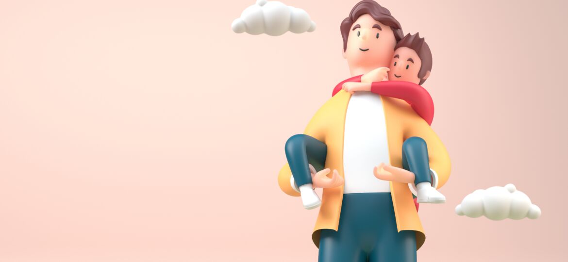 Father Holding his Son on His Back. 3D Illustration